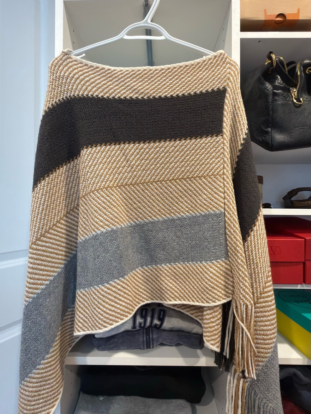 Striped Beige Brown Grey Fringe Knit Poncho Sweater One Size